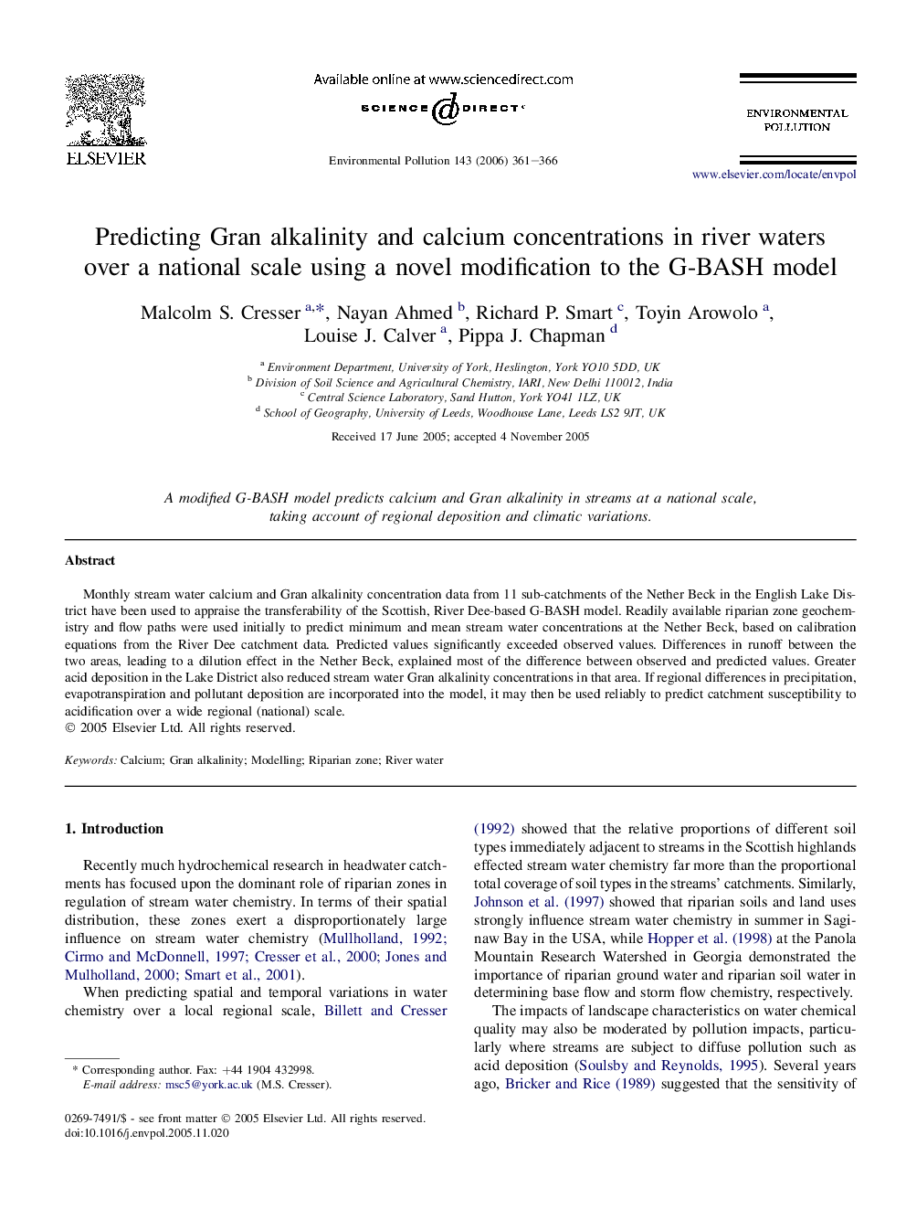 Predicting Gran alkalinity and calcium concentrations in river waters over a national scale using a novel modification to the G-BASH model