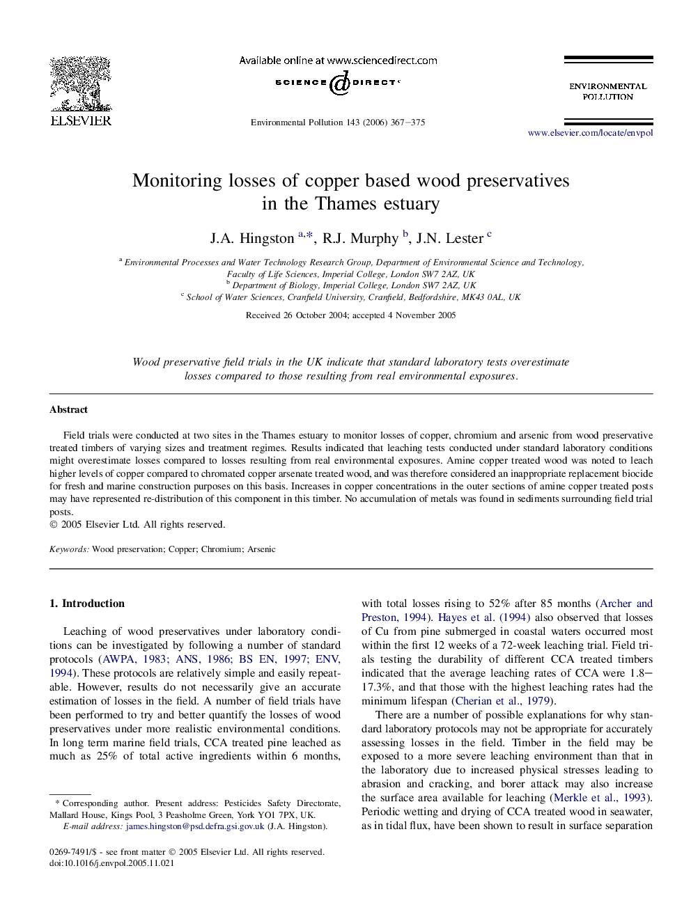 Monitoring losses of copper based wood preservatives in the Thames estuary