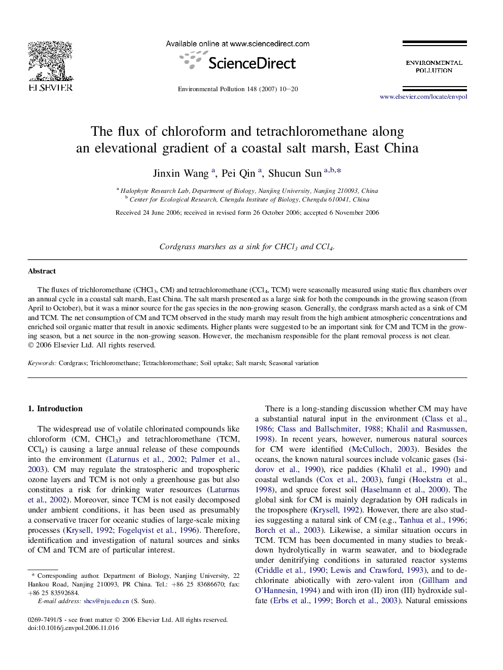 The flux of chloroform and tetrachloromethane along an elevational gradient of a coastal salt marsh, East China