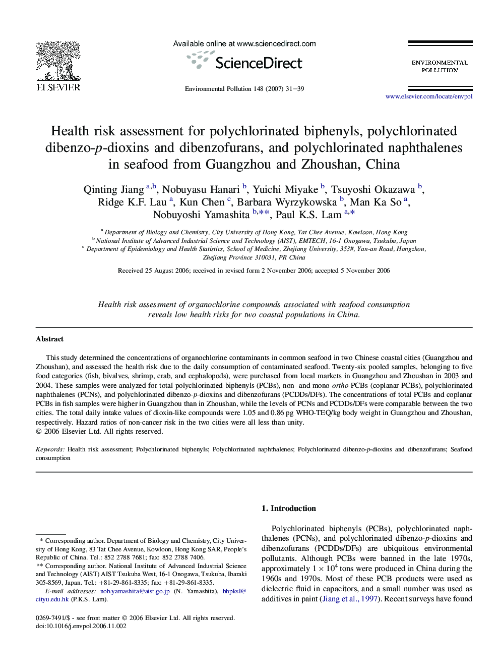 Health risk assessment for polychlorinated biphenyls, polychlorinated dibenzo-p-dioxins and dibenzofurans, and polychlorinated naphthalenes in seafood from Guangzhou and Zhoushan, China