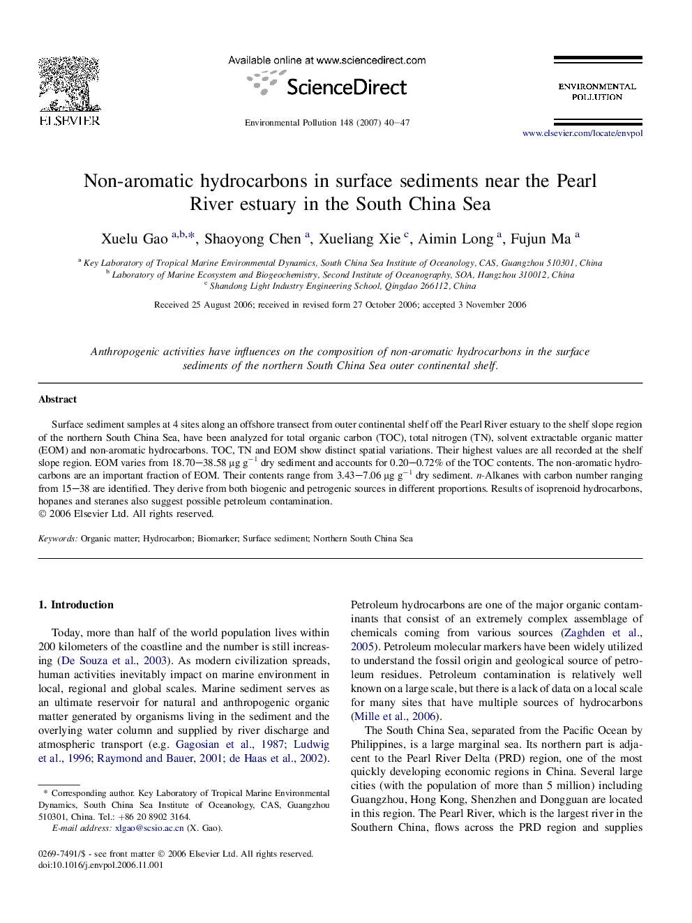 Non-aromatic hydrocarbons in surface sediments near the Pearl River estuary in the South China Sea