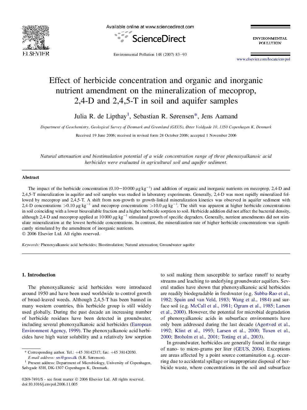 Effect of herbicide concentration and organic and inorganic nutrient amendment on the mineralization of mecoprop, 2,4-D and 2,4,5-T in soil and aquifer samples