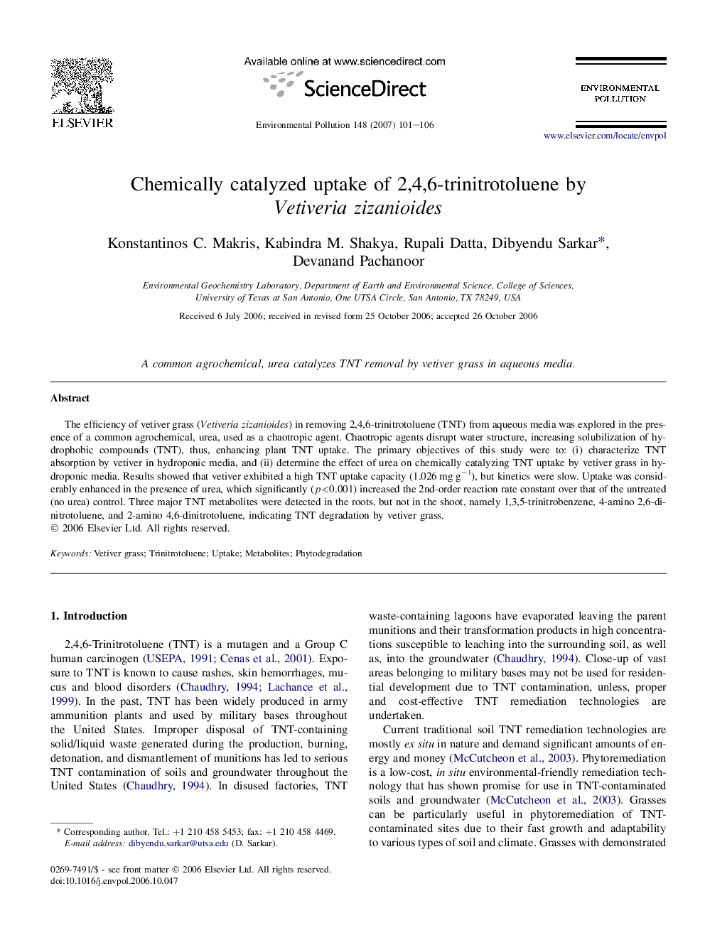 Chemically catalyzed uptake of 2,4,6-trinitrotoluene by Vetiveria zizanioides