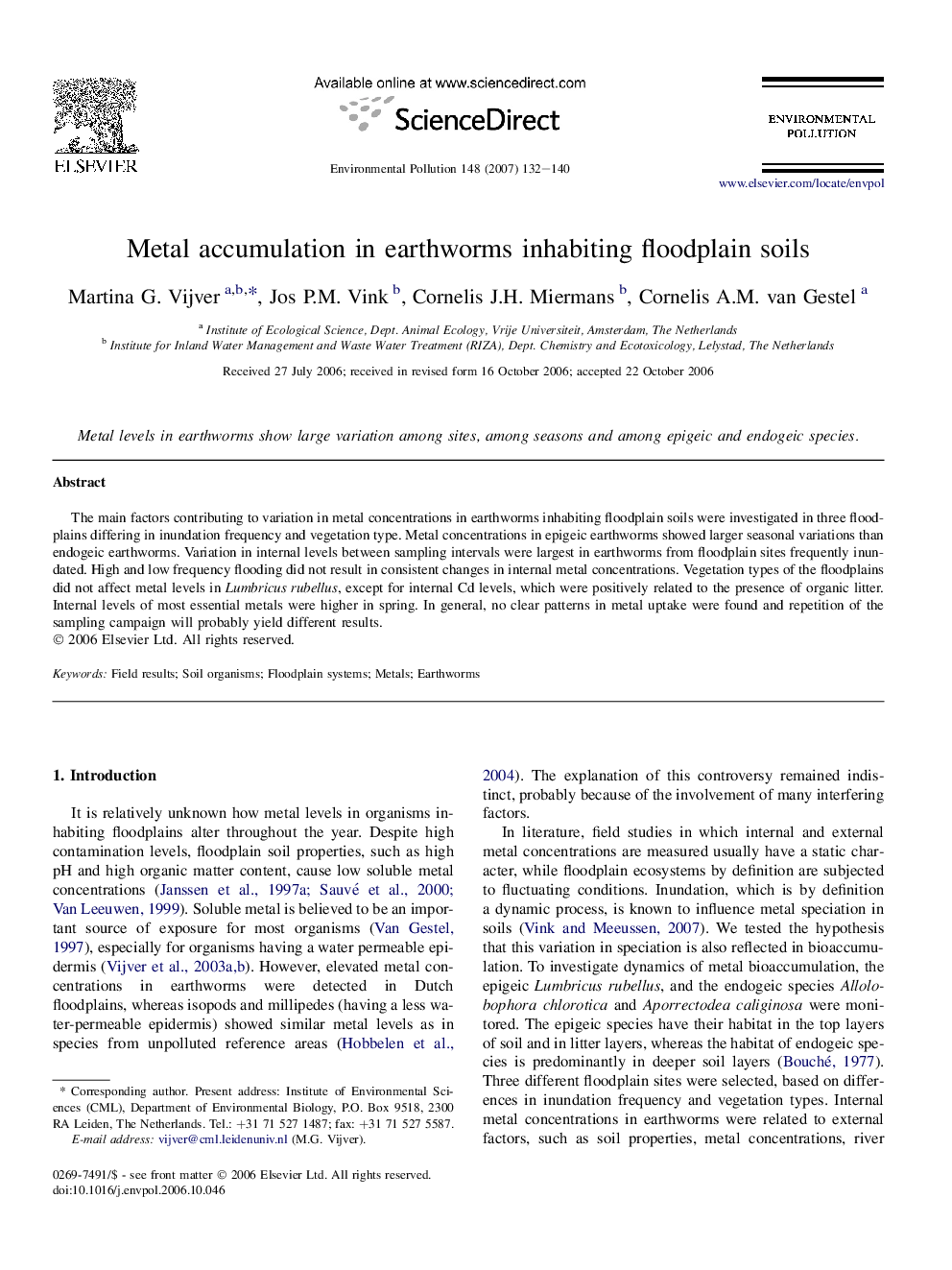 عکس صفحه اول مقاله: Metal accumulation in earthworms inhabiting floodplain soils Metal accumulation in earthworms inhabiting floodplain soils