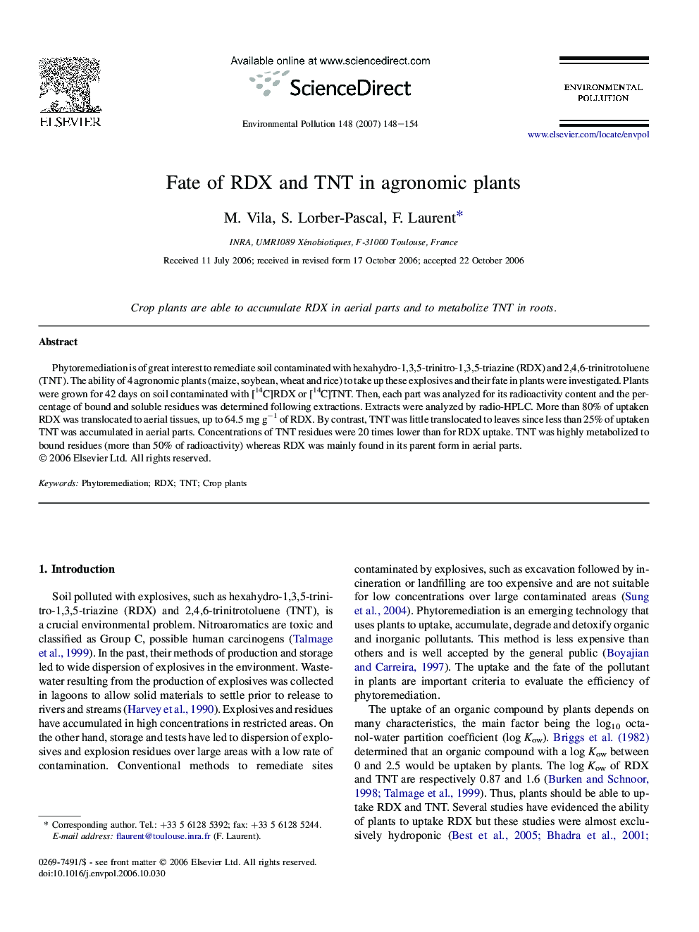 Fate of RDX and TNT in agronomic plants