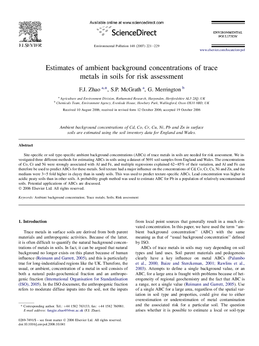 Estimates of ambient background concentrations of trace metals in soils for risk assessment