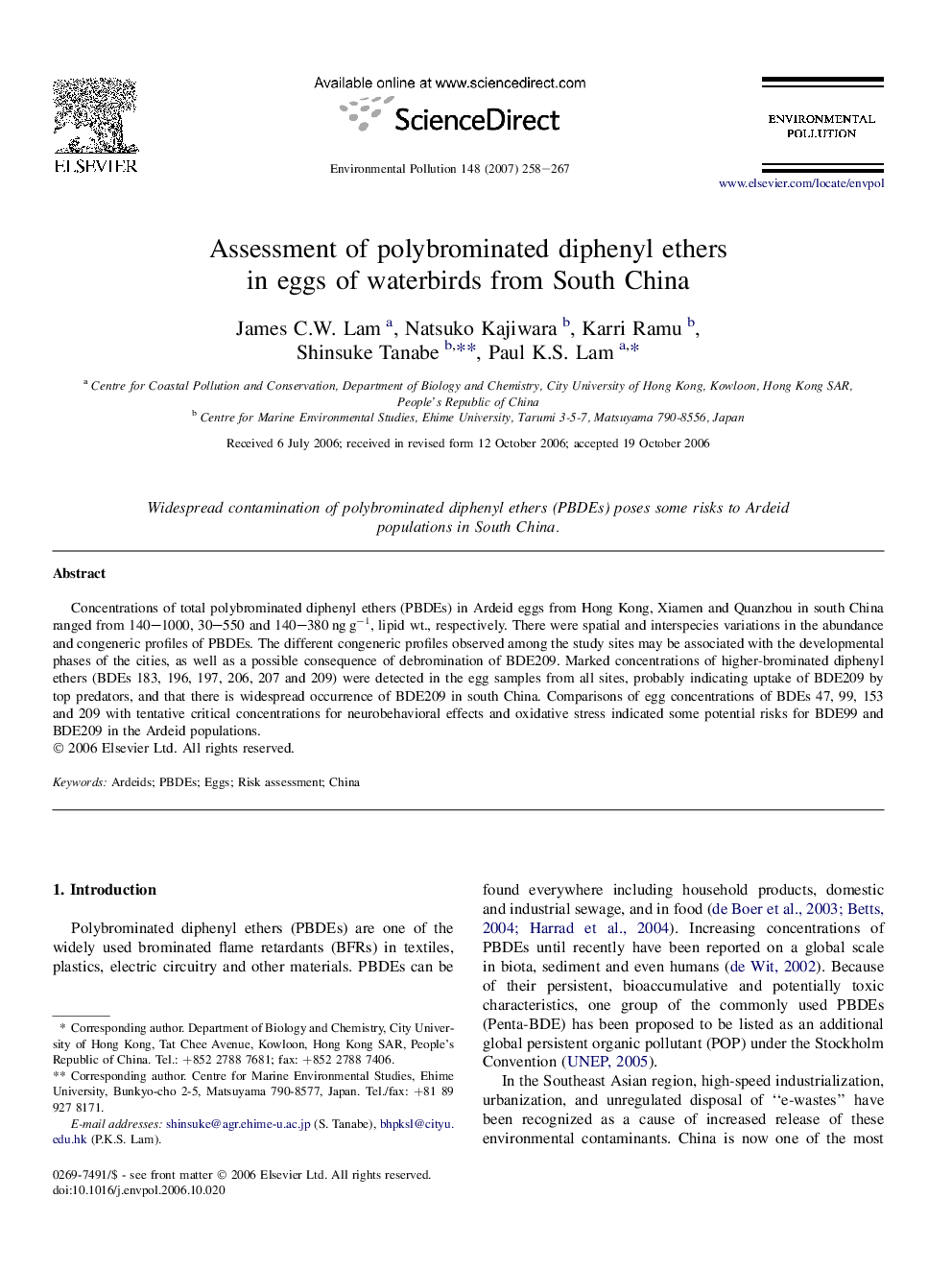 Assessment of polybrominated diphenyl ethers in eggs of waterbirds from South China