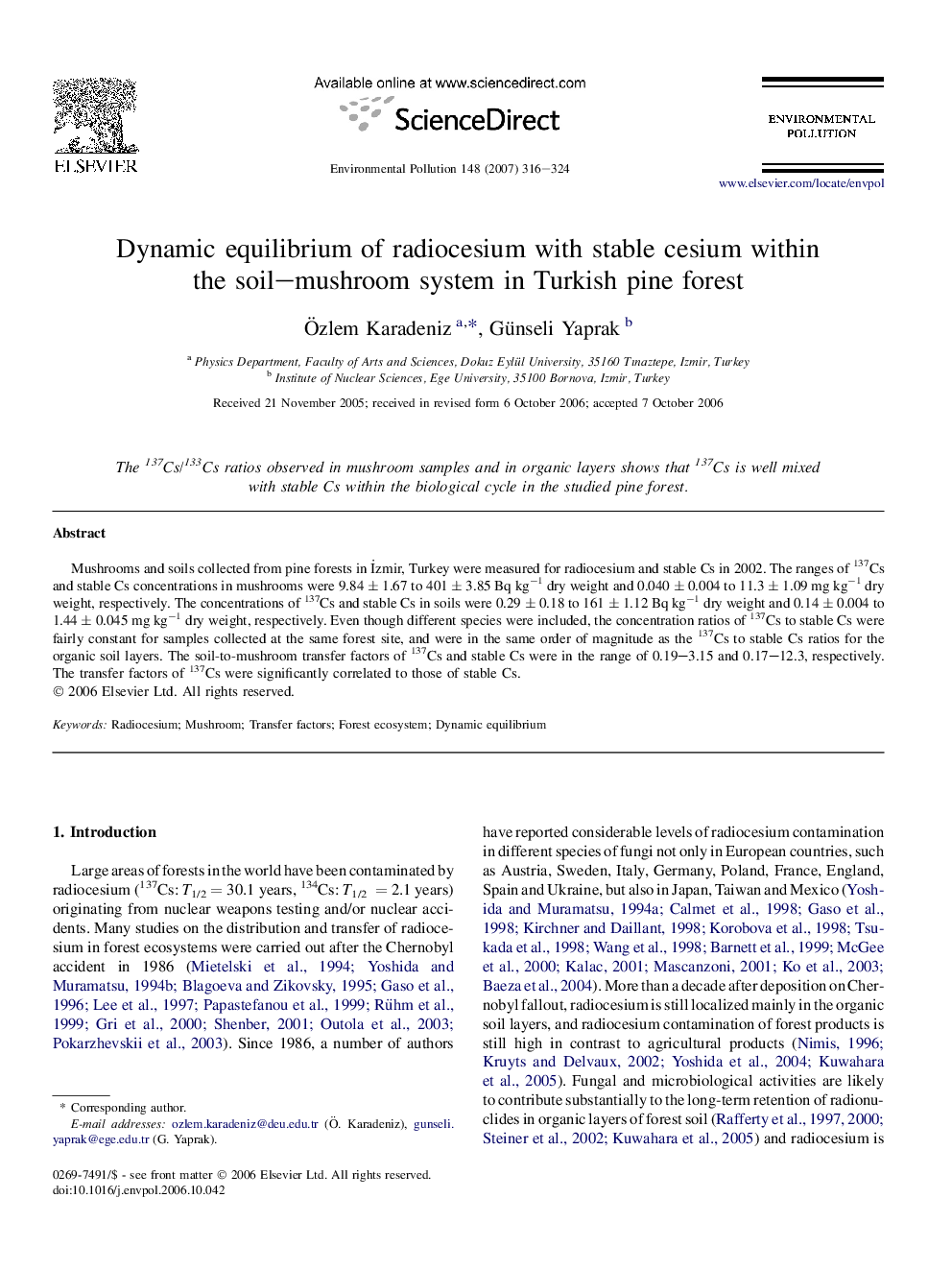 Dynamic equilibrium of radiocesium with stable cesium within the soil–mushroom system in Turkish pine forest