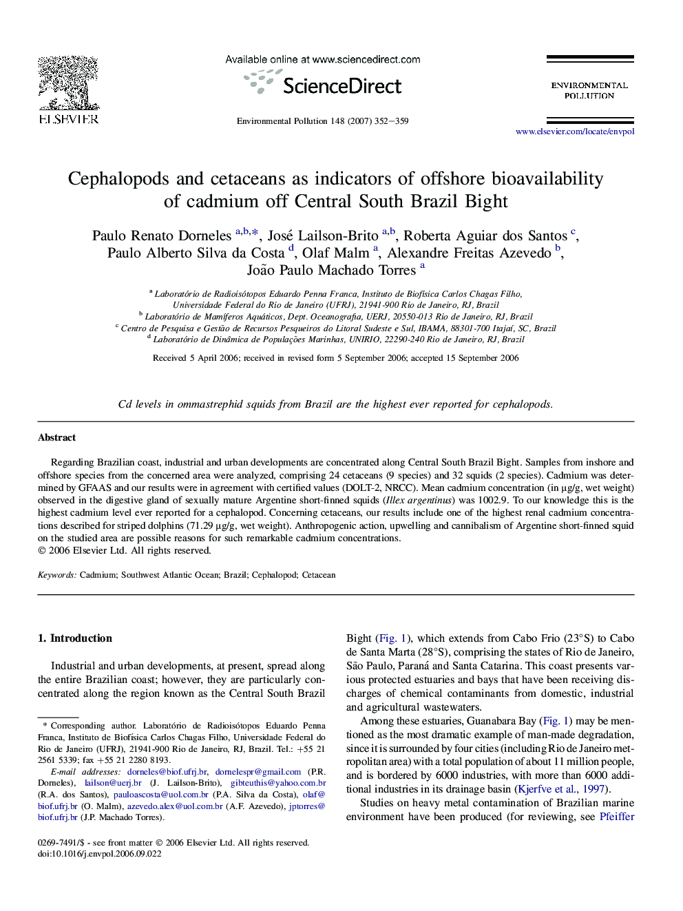 Cephalopods and cetaceans as indicators of offshore bioavailability of cadmium off Central South Brazil Bight