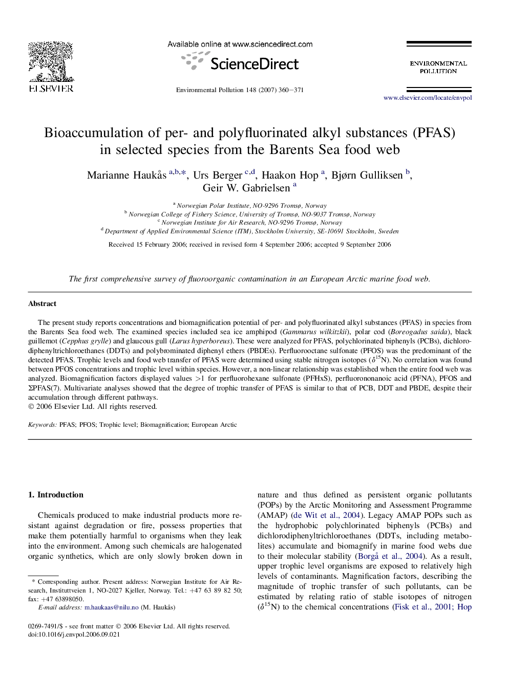 Bioaccumulation of per- and polyfluorinated alkyl substances (PFAS) in selected species from the Barents Sea food web