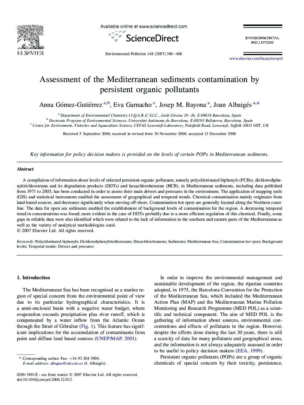 Assessment of the Mediterranean sediments contamination by persistent organic pollutants