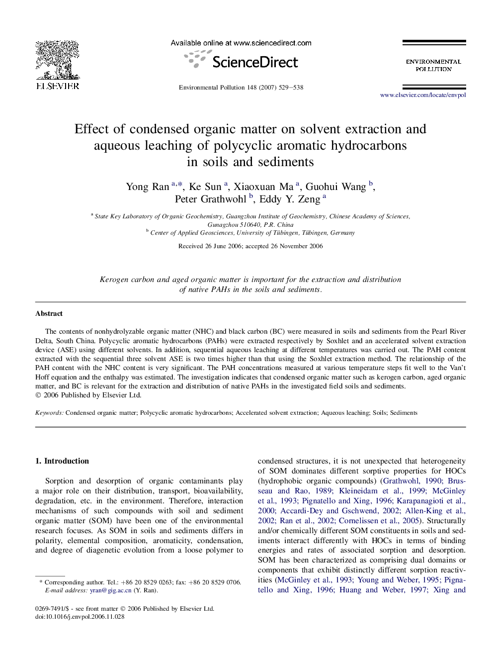 Effect of condensed organic matter on solvent extraction and aqueous leaching of polycyclic aromatic hydrocarbons in soils and sediments