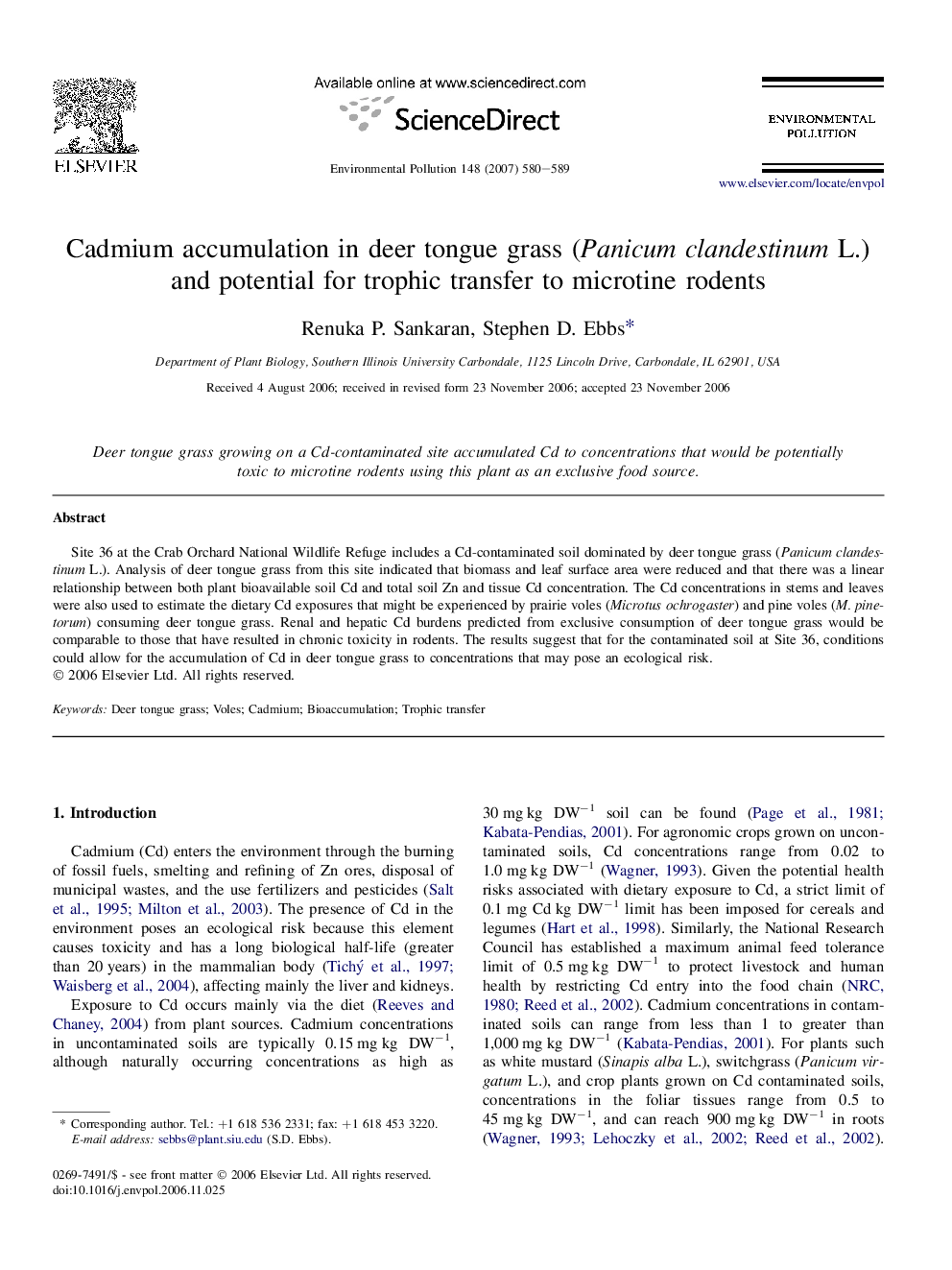 Cadmium accumulation in deer tongue grass (Panicum clandestinum L.) and potential for trophic transfer to microtine rodents