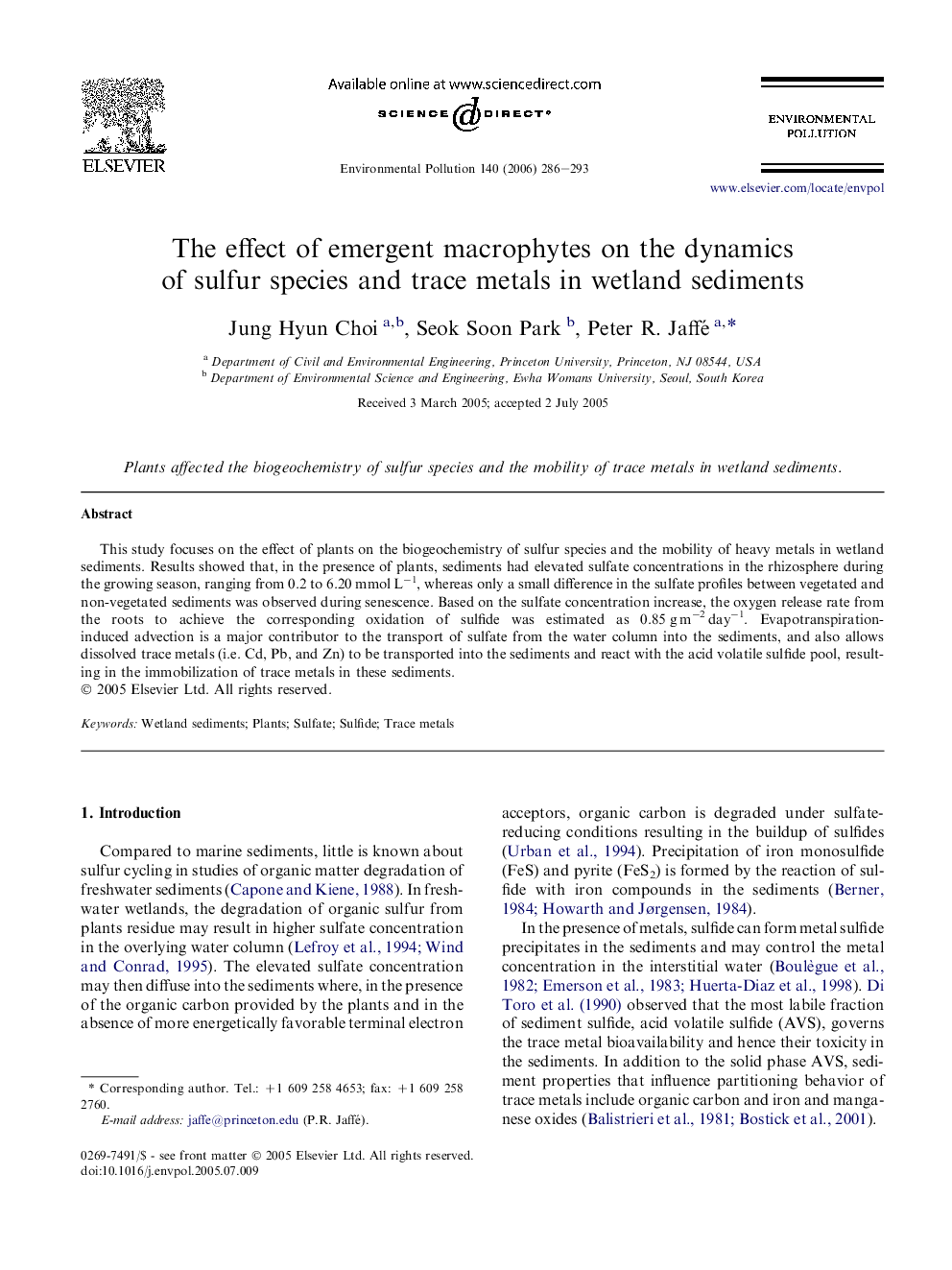 The effect of emergent macrophytes on the dynamics of sulfur species and trace metals in wetland sediments