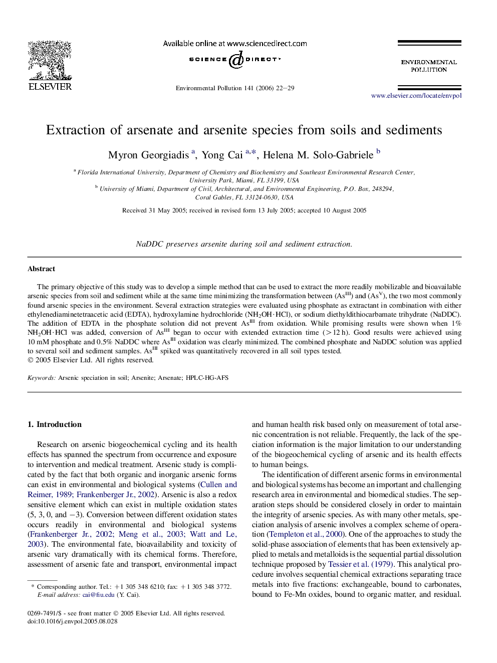 Extraction of arsenate and arsenite species from soils and sediments