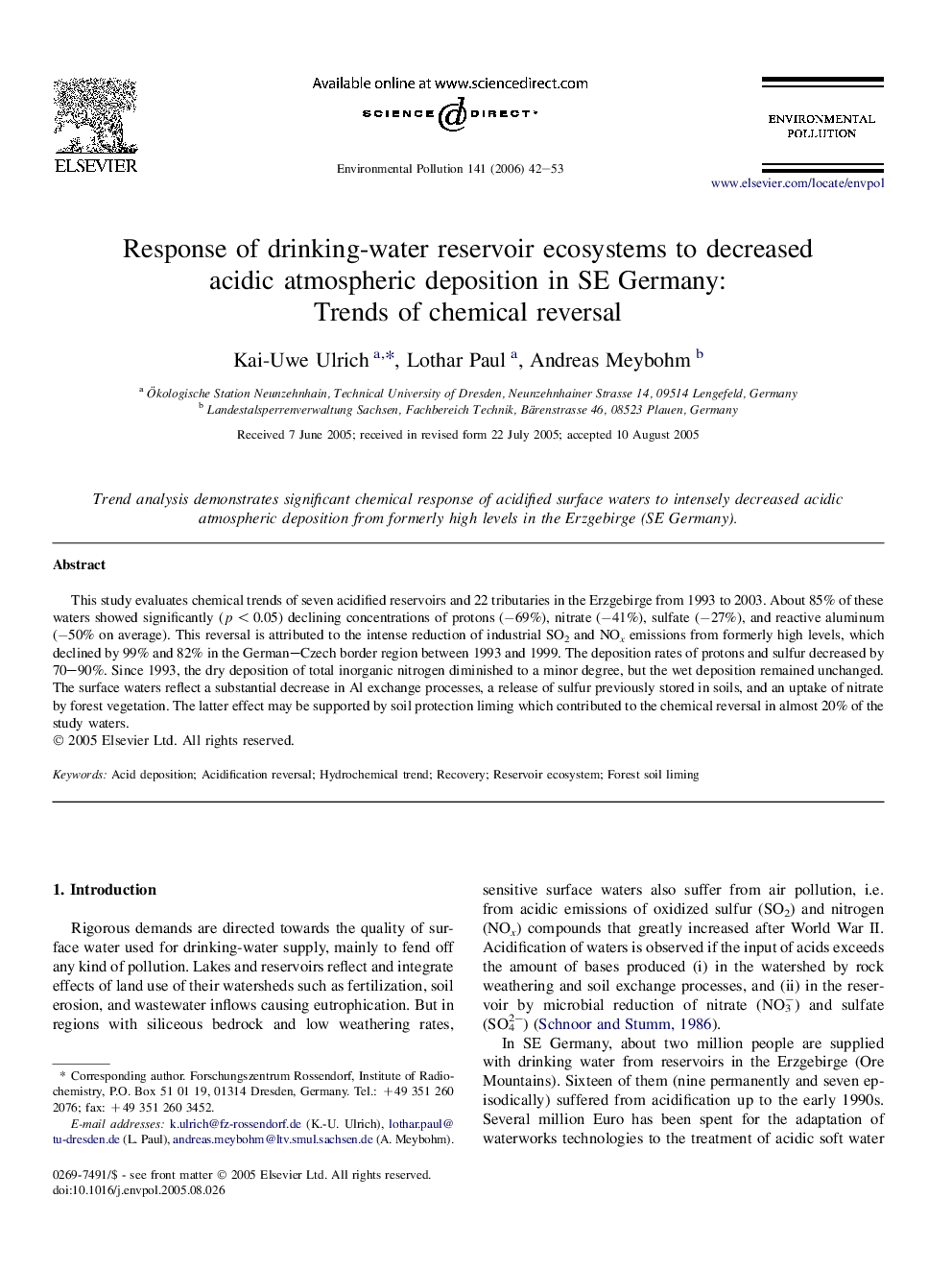 Response of drinking-water reservoir ecosystems to decreased acidic atmospheric deposition in SE Germany: Trends of chemical reversal