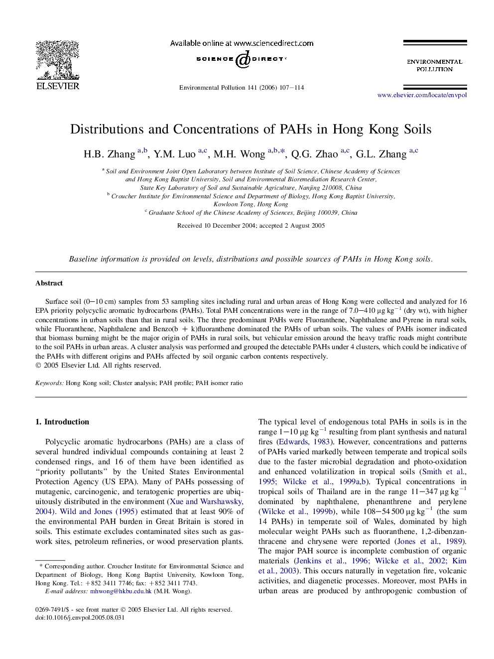 Distributions and Concentrations of PAHs in Hong Kong Soils