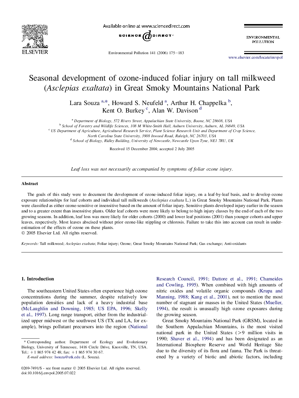 Seasonal development of ozone-induced foliar injury on tall milkweed (Asclepias exaltata) in Great Smoky Mountains National Park