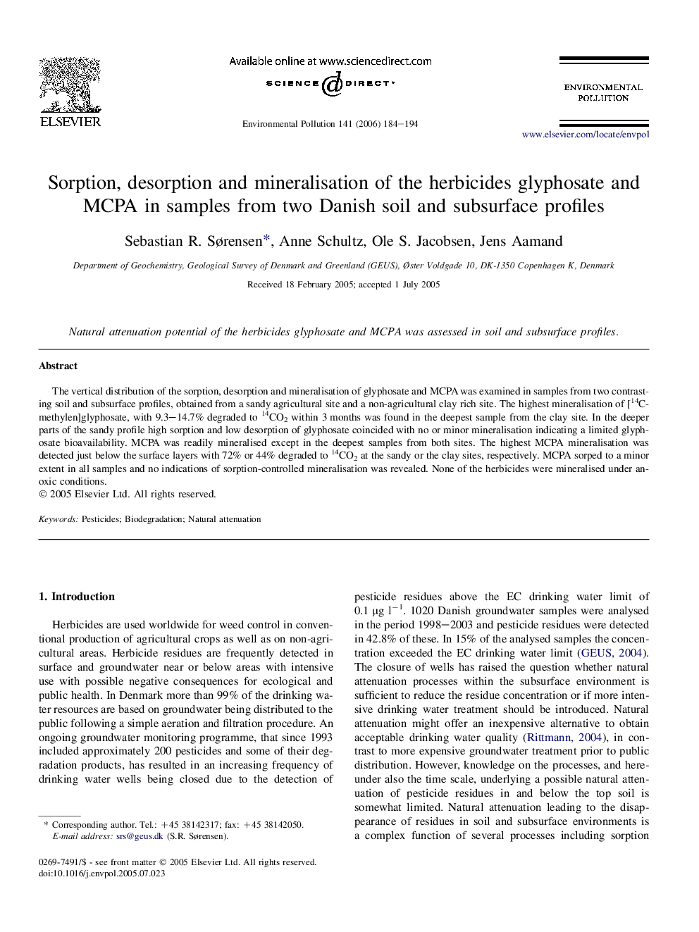 Sorption, desorption and mineralisation of the herbicides glyphosate and MCPA in samples from two Danish soil and subsurface profiles