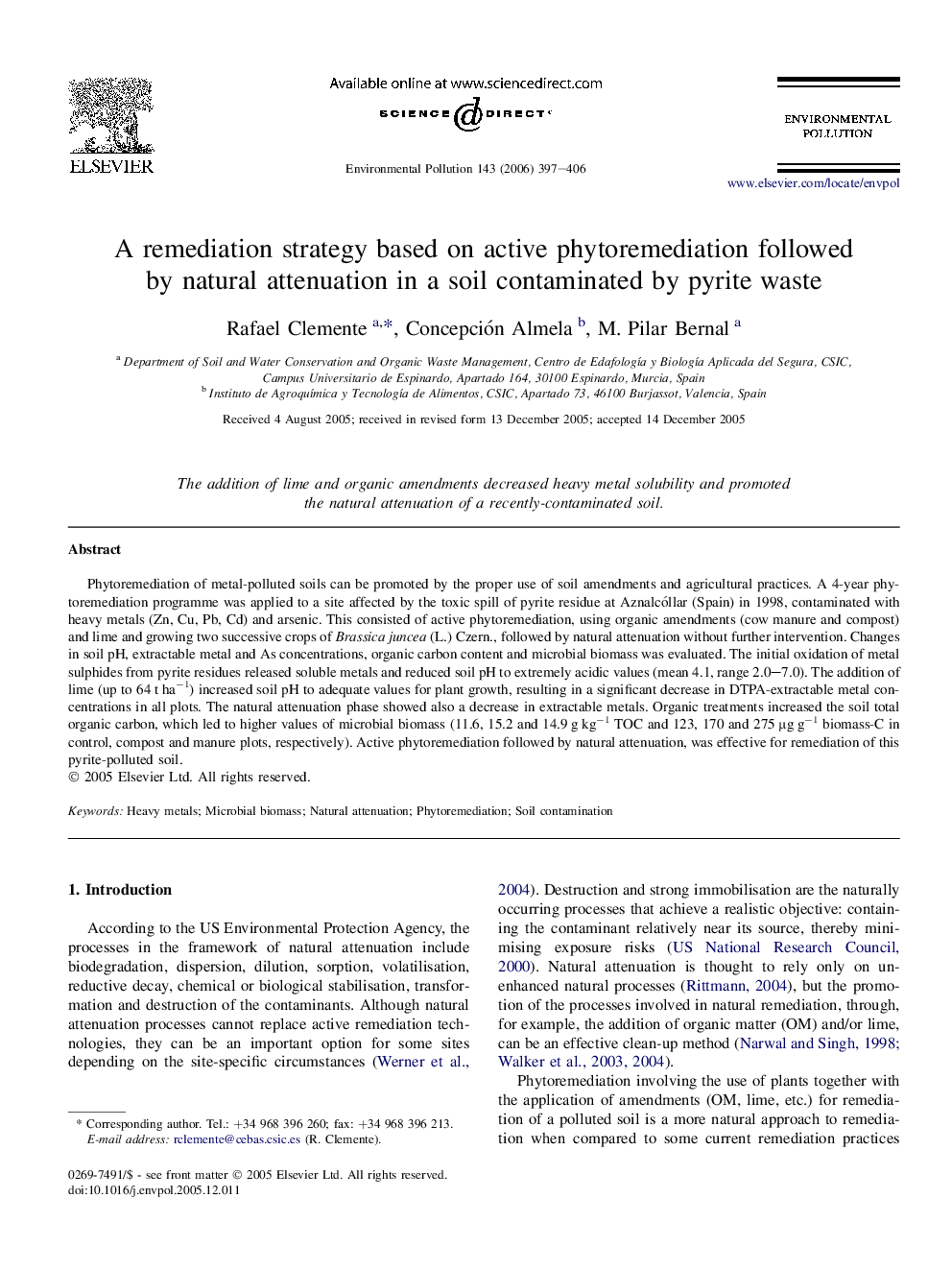 A remediation strategy based on active phytoremediation followed by natural attenuation in a soil contaminated by pyrite waste