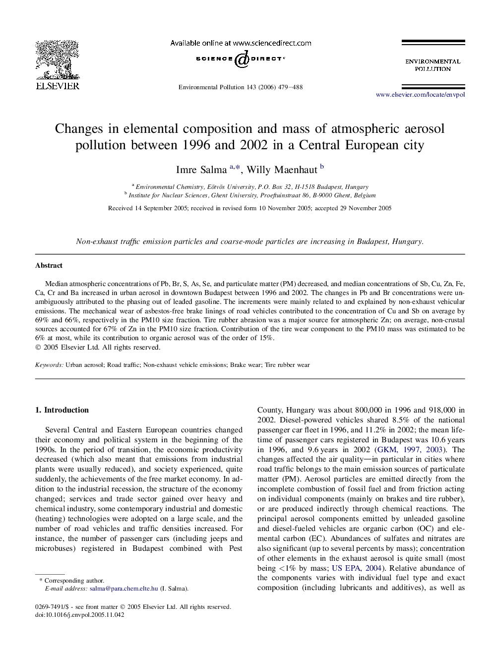 Changes in elemental composition and mass of atmospheric aerosol pollution between 1996 and 2002 in a Central European city