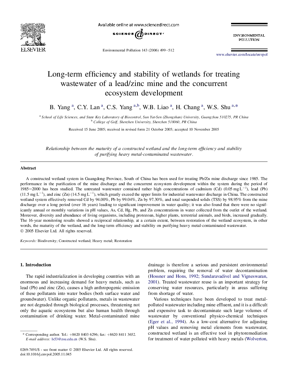 Long-term efficiency and stability of wetlands for treating wastewater of a lead/zinc mine and the concurrent ecosystem development