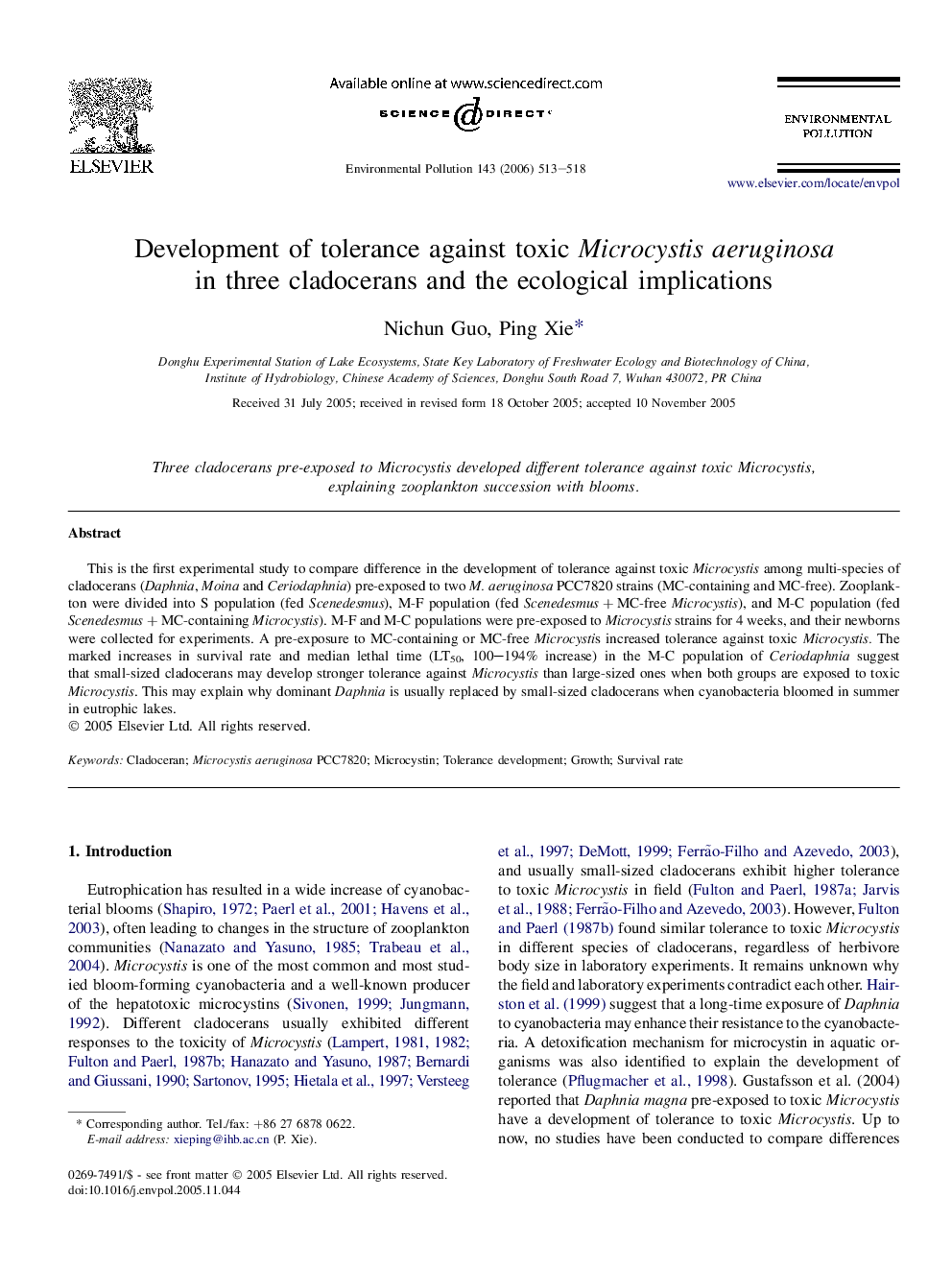 Development of tolerance against toxic Microcystis aeruginosa in three cladocerans and the ecological implications