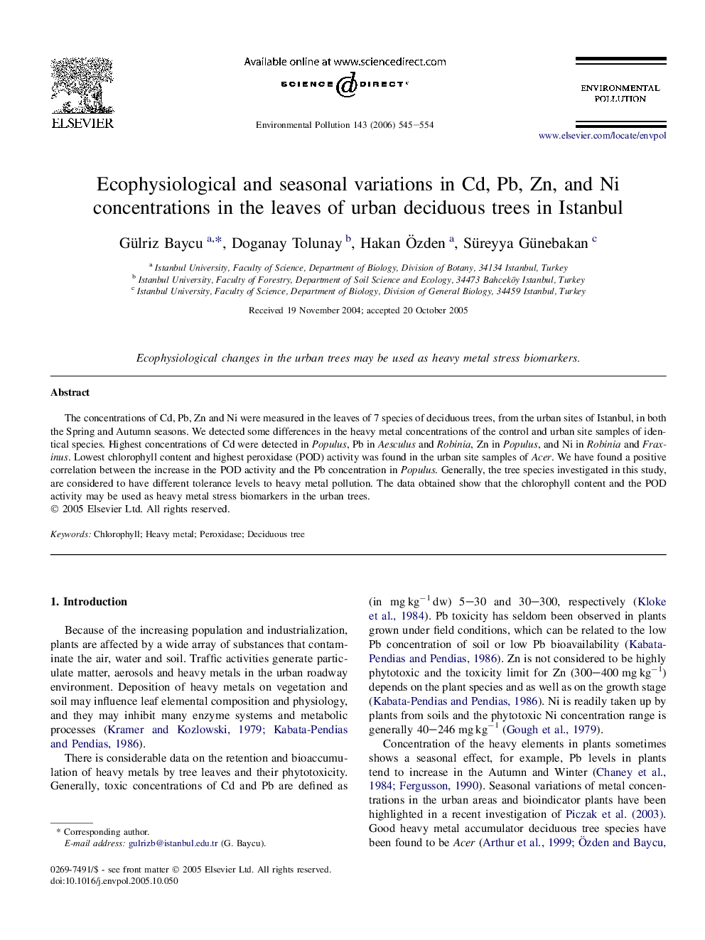 Ecophysiological and seasonal variations in Cd, Pb, Zn, and Ni concentrations in the leaves of urban deciduous trees in Istanbul