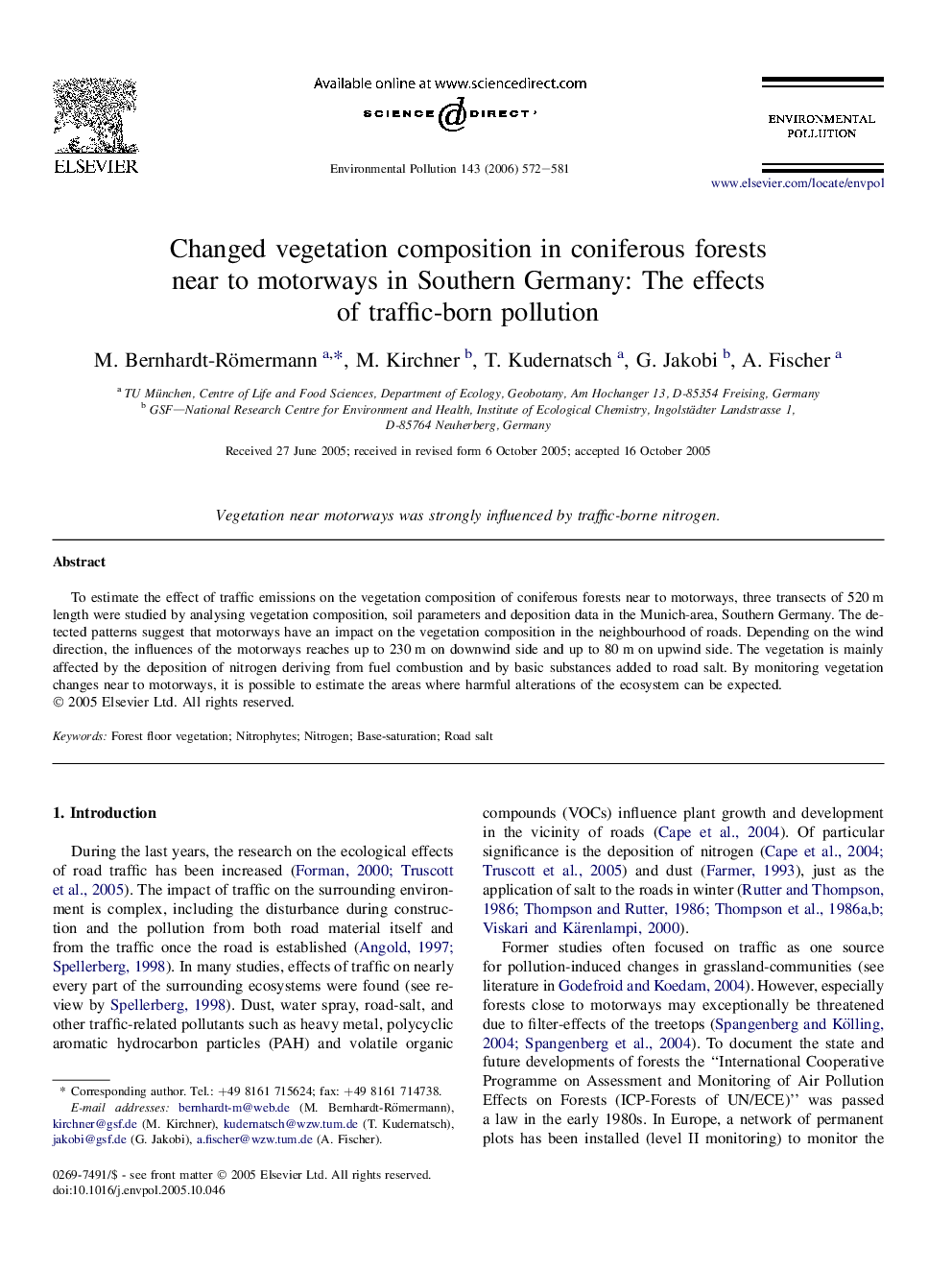 Changed vegetation composition in coniferous forests near to motorways in Southern Germany: The effects of traffic-born pollution