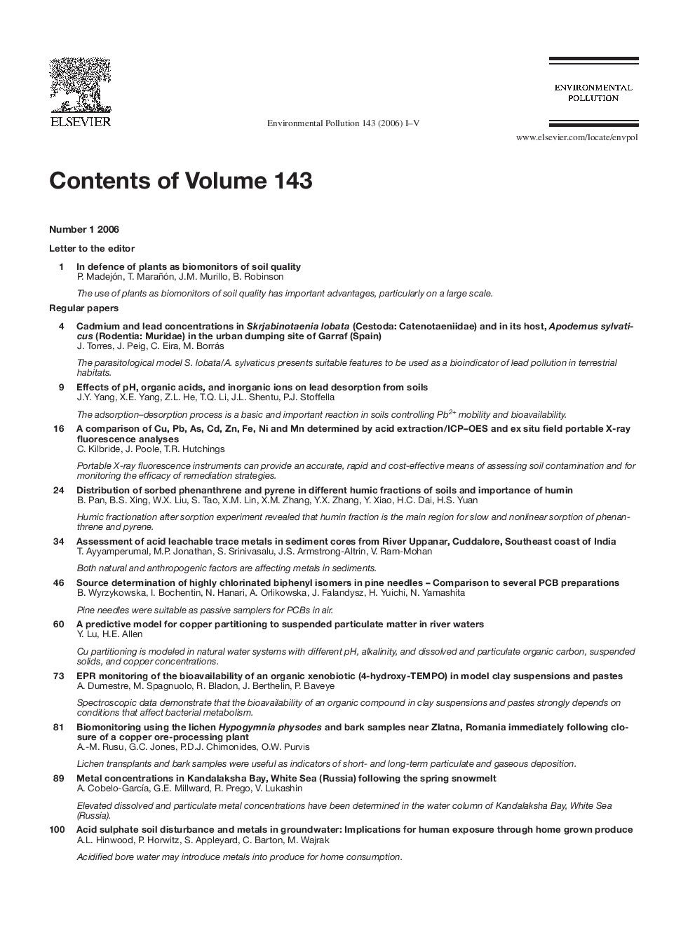 Contents of Volume 143