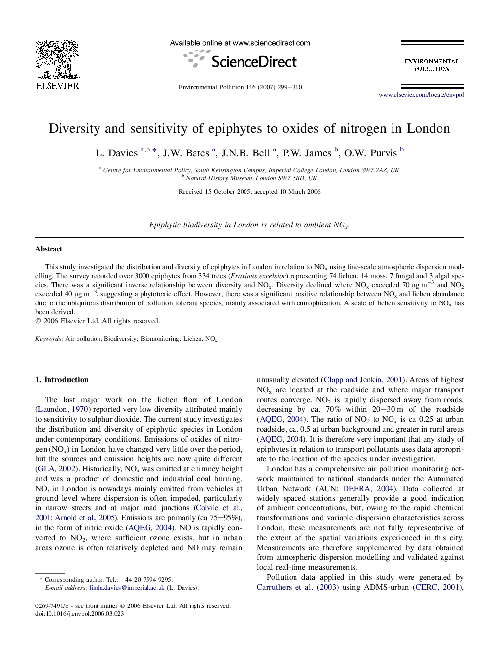 Diversity and sensitivity of epiphytes to oxides of nitrogen in London