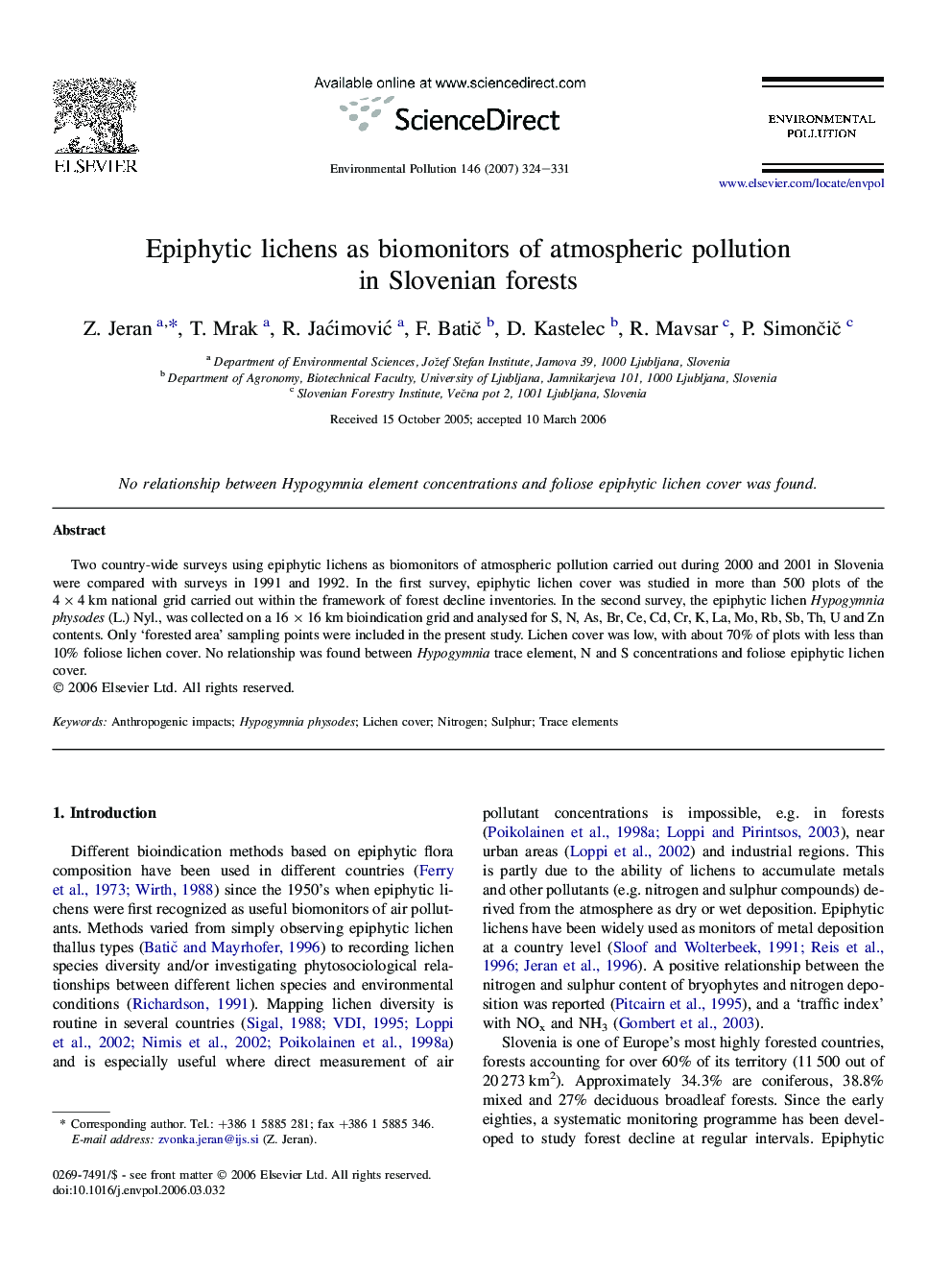 Epiphytic lichens as biomonitors of atmospheric pollution in Slovenian forests