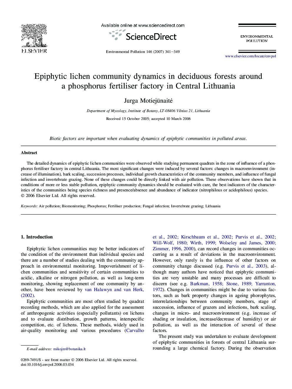 Epiphytic lichen community dynamics in deciduous forests around a phosphorus fertiliser factory in Central Lithuania