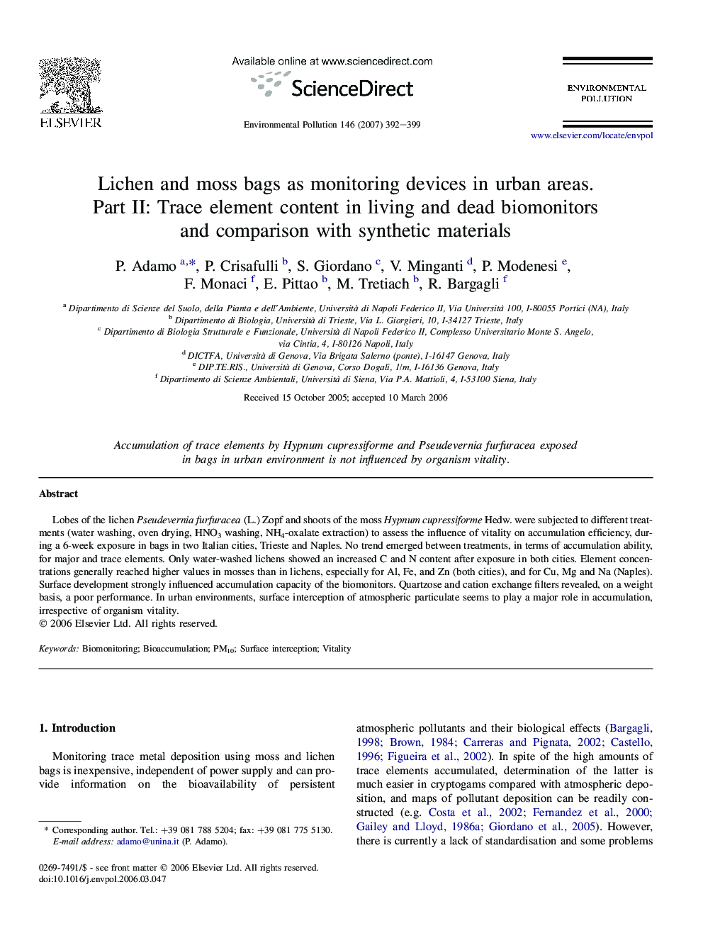 Lichen and moss bags as monitoring devices in urban areas. Part II: Trace element content in living and dead biomonitors and comparison with synthetic materials