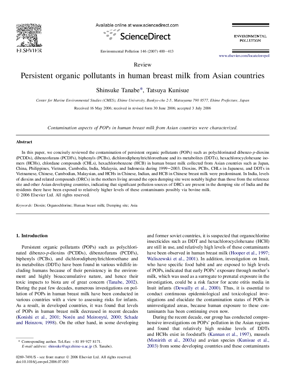 Persistent organic pollutants in human breast milk from Asian countries