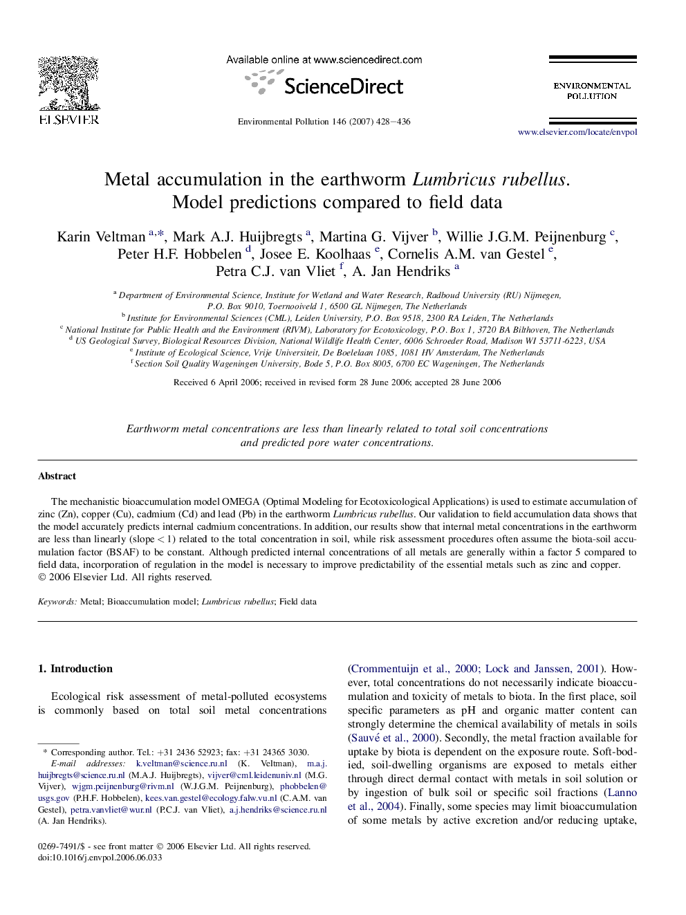 Metal accumulation in the earthworm Lumbricus rubellus. Model predictions compared to field data