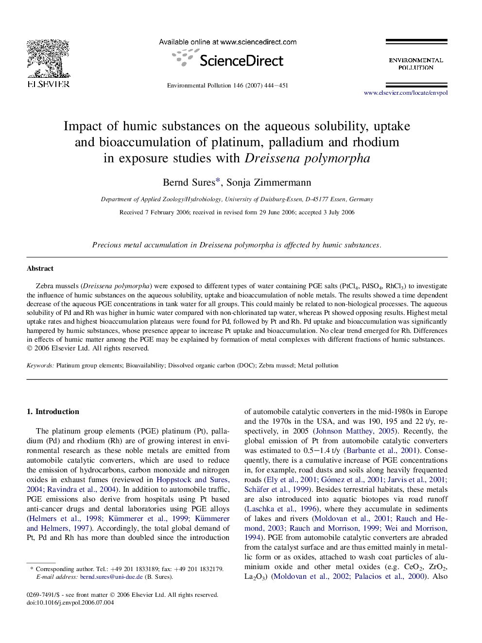 Impact of humic substances on the aqueous solubility, uptake and bioaccumulation of platinum, palladium and rhodium in exposure studies with Dreissena polymorpha