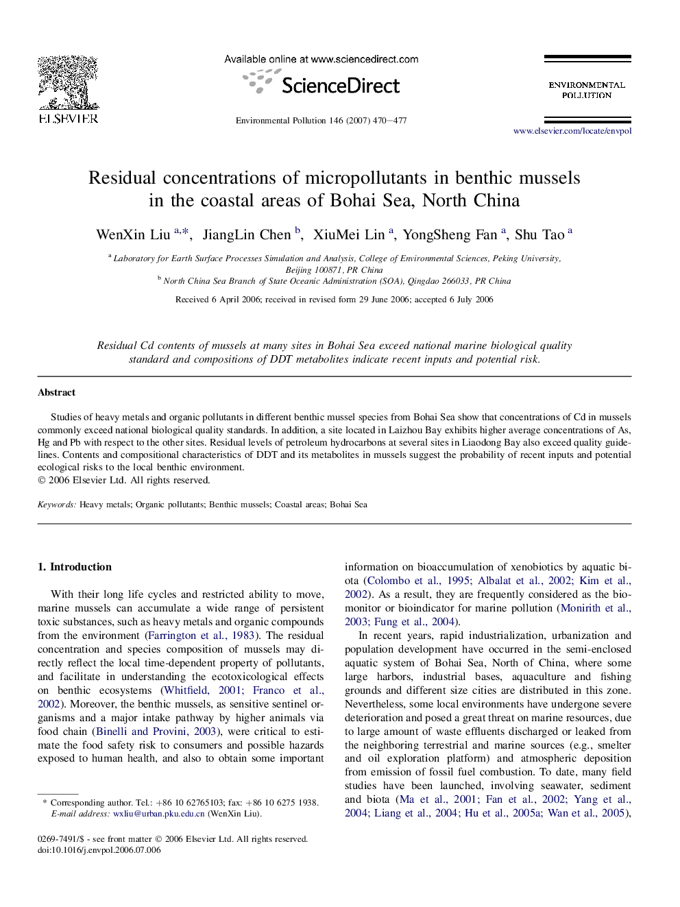 Residual concentrations of micropollutants in benthic mussels in the coastal areas of Bohai Sea, North China