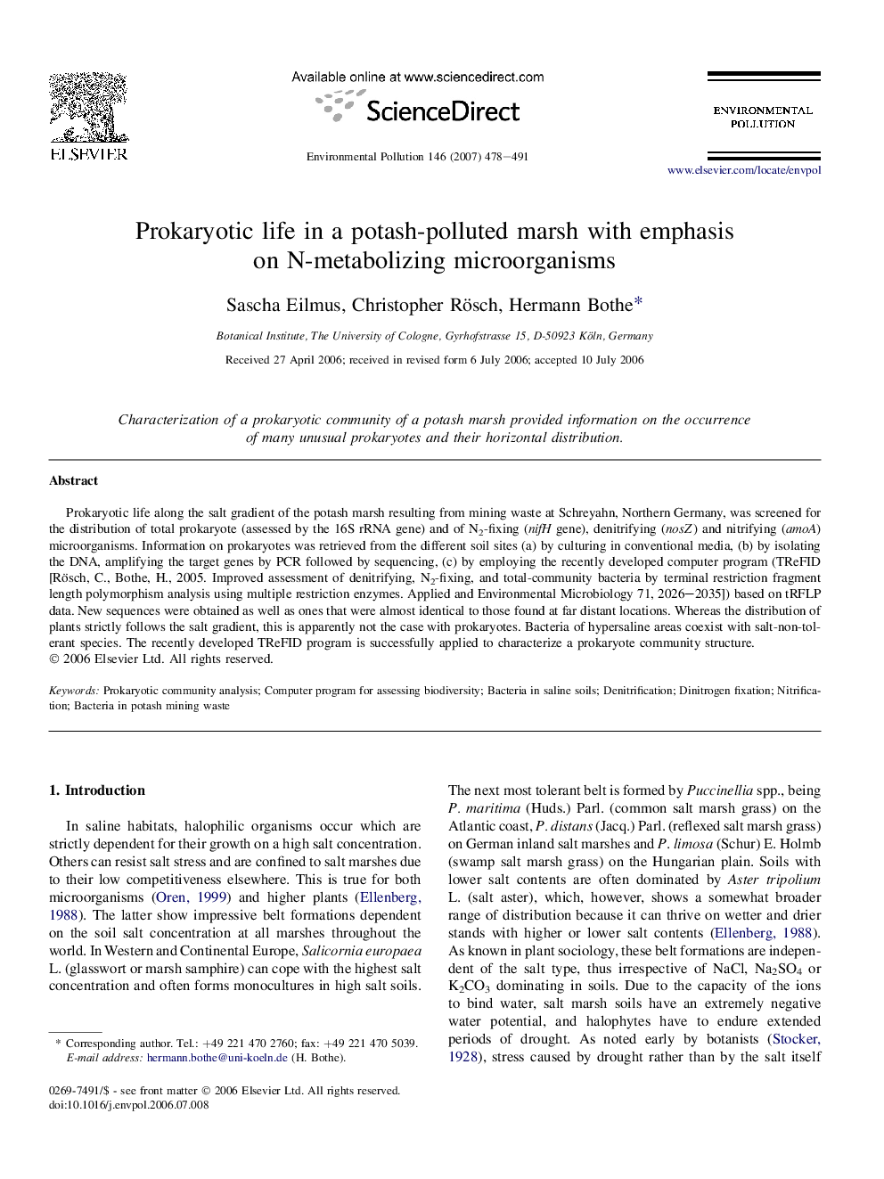 Prokaryotic life in a potash-polluted marsh with emphasis on N-metabolizing microorganisms