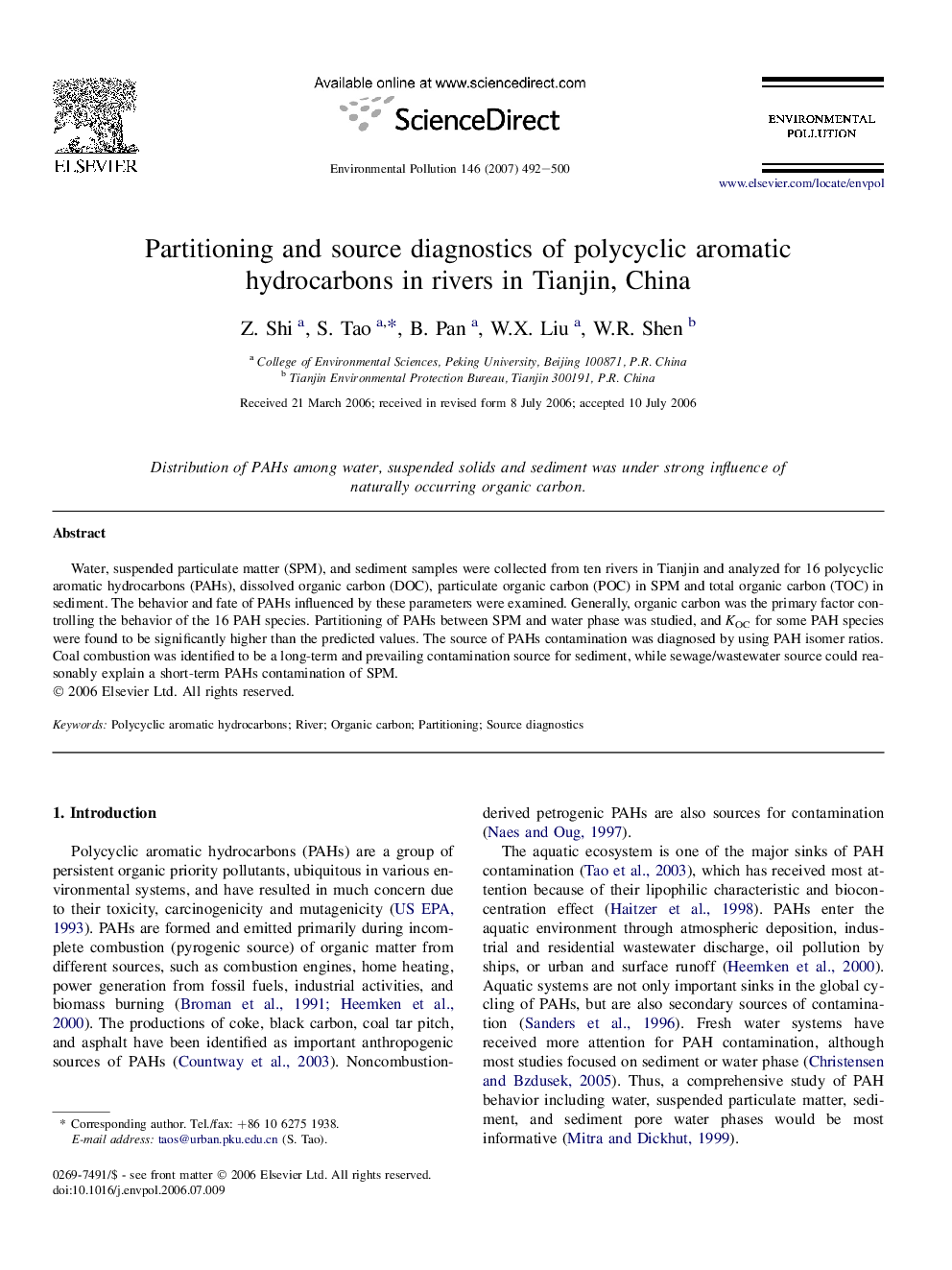 Partitioning and source diagnostics of polycyclic aromatic hydrocarbons in rivers in Tianjin, China