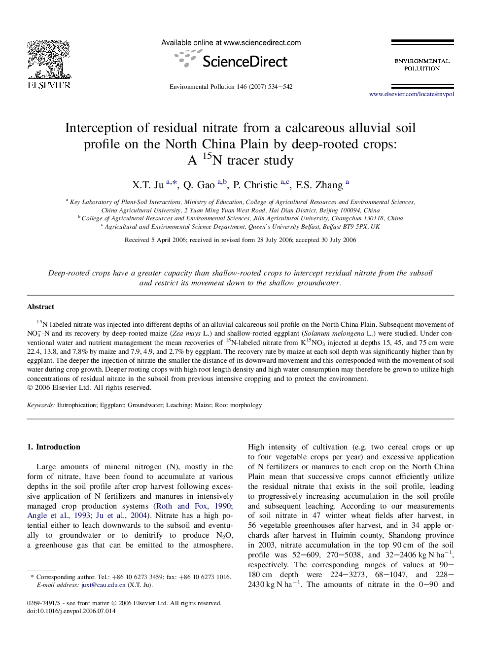 عکس صفحه اول مقاله: Interception of residual nitrate from a calcareous alluvial soil profile on the North China Plain by deep-rooted crops: A 15N tracer study Interception of residual nitrate from a calcareous alluvial soil profile on the North China Plain by deep-rooted crops: A 15N tracer study
