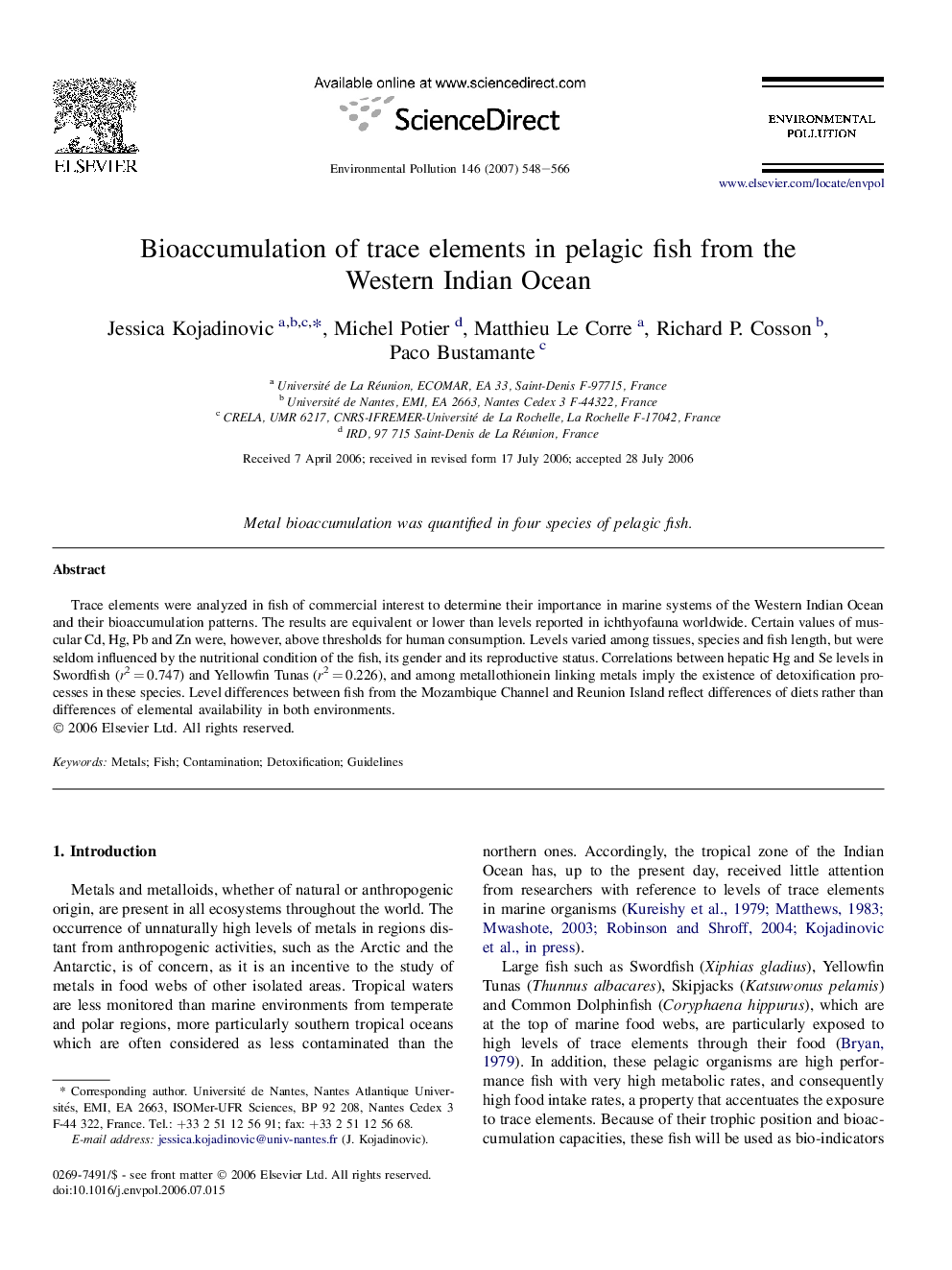 Bioaccumulation of trace elements in pelagic fish from the Western Indian Ocean