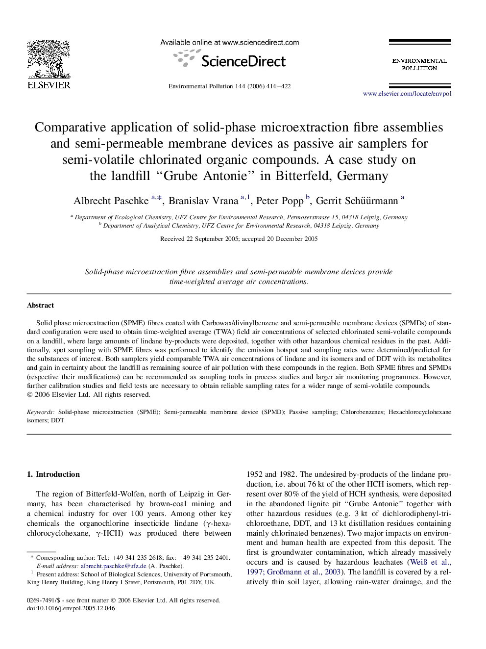 Comparative application of solid-phase microextraction fibre assemblies and semi-permeable membrane devices as passive air samplers for semi-volatile chlorinated organic compounds. A case study on the landfill “Grube Antonie” in Bitterfeld, Germany