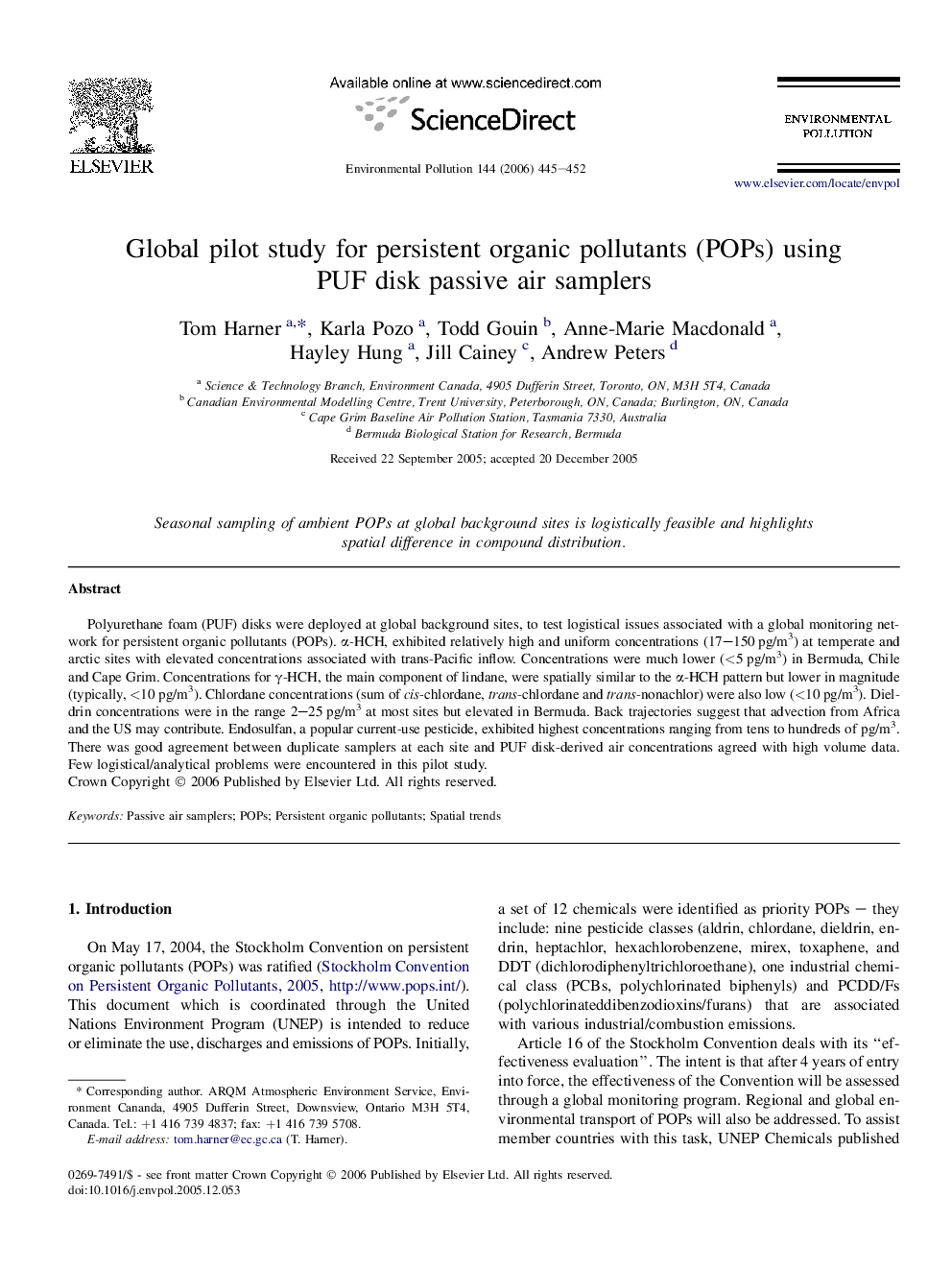 عکس صفحه اول مقاله: Global pilot study for persistent organic pollutants (POPs) using PUF disk passive air samplers Global pilot study for persistent organic pollutants (POPs) using PUF disk passive air samplers