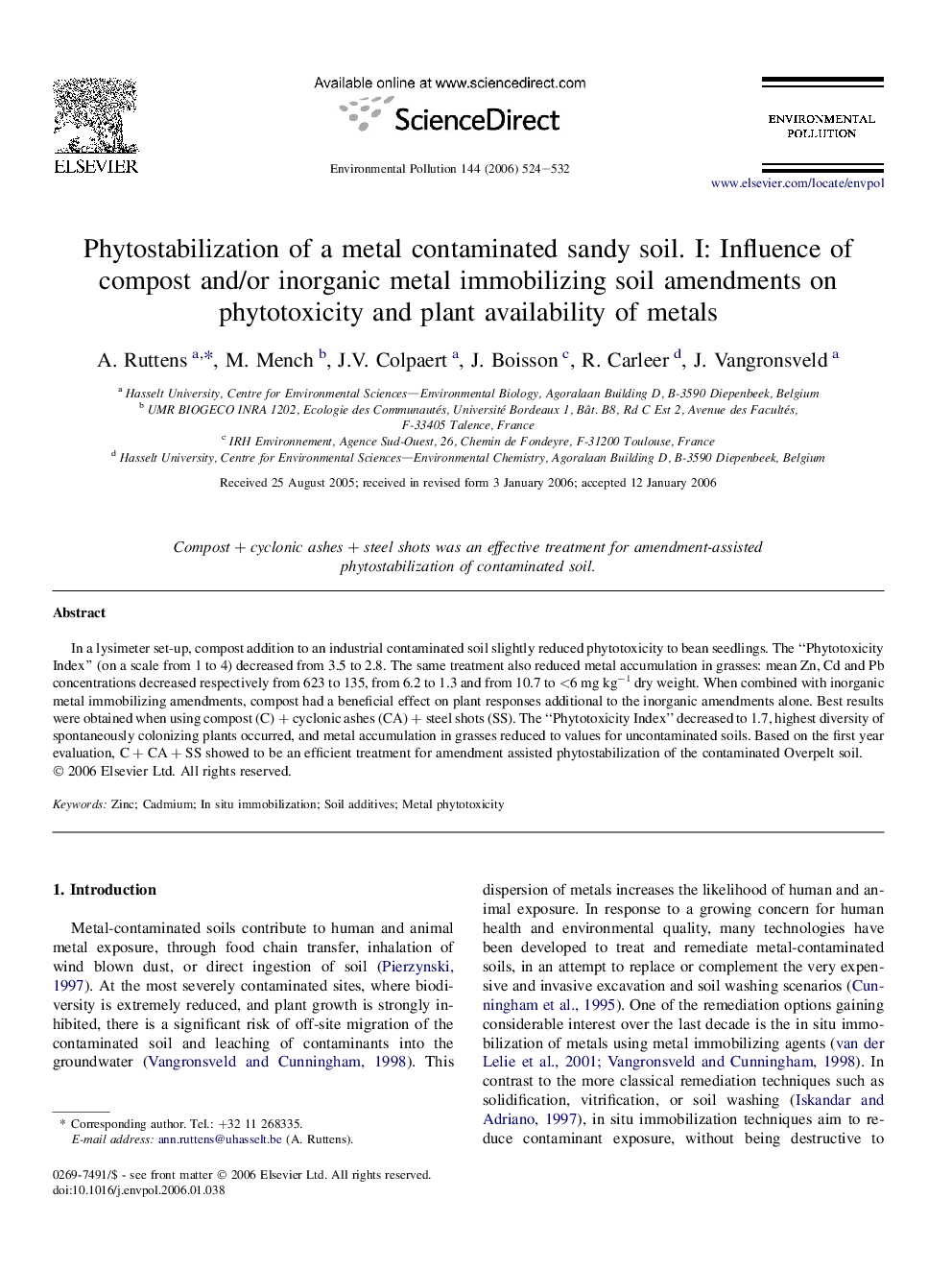 Phytostabilization of a metal contaminated sandy soil. I: Influence of compost and/or inorganic metal immobilizing soil amendments on phytotoxicity and plant availability of metals