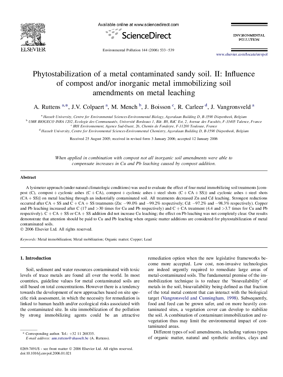 Phytostabilization of a metal contaminated sandy soil. II: Influence of compost and/or inorganic metal immobilizing soil amendments on metal leaching