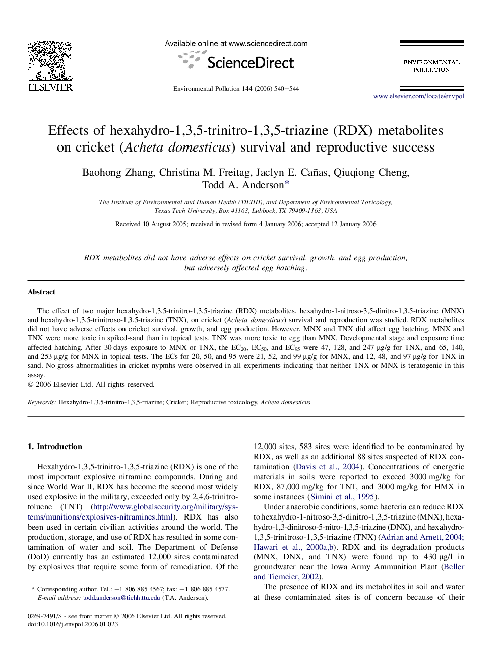 Effects of hexahydro-1,3,5-trinitro-1,3,5-triazine (RDX) metabolites on cricket (Acheta domesticus) survival and reproductive success