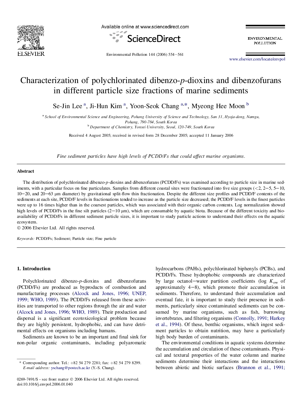 Characterization of polychlorinated dibenzo-p-dioxins and dibenzofurans in different particle size fractions of marine sediments