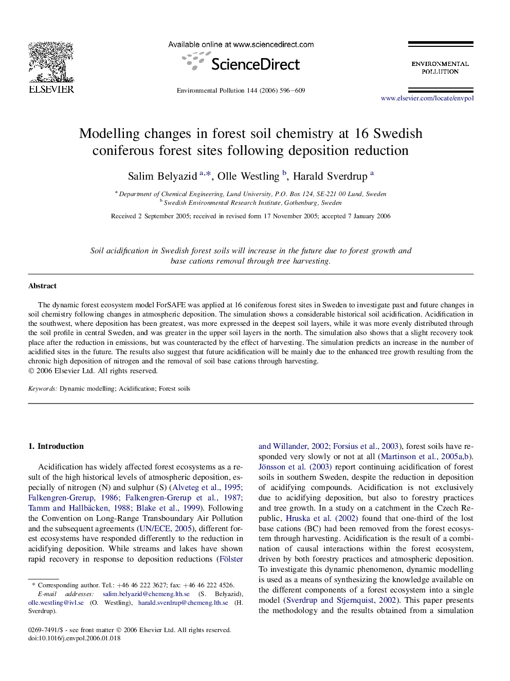 Modelling changes in forest soil chemistry at 16 Swedish coniferous forest sites following deposition reduction