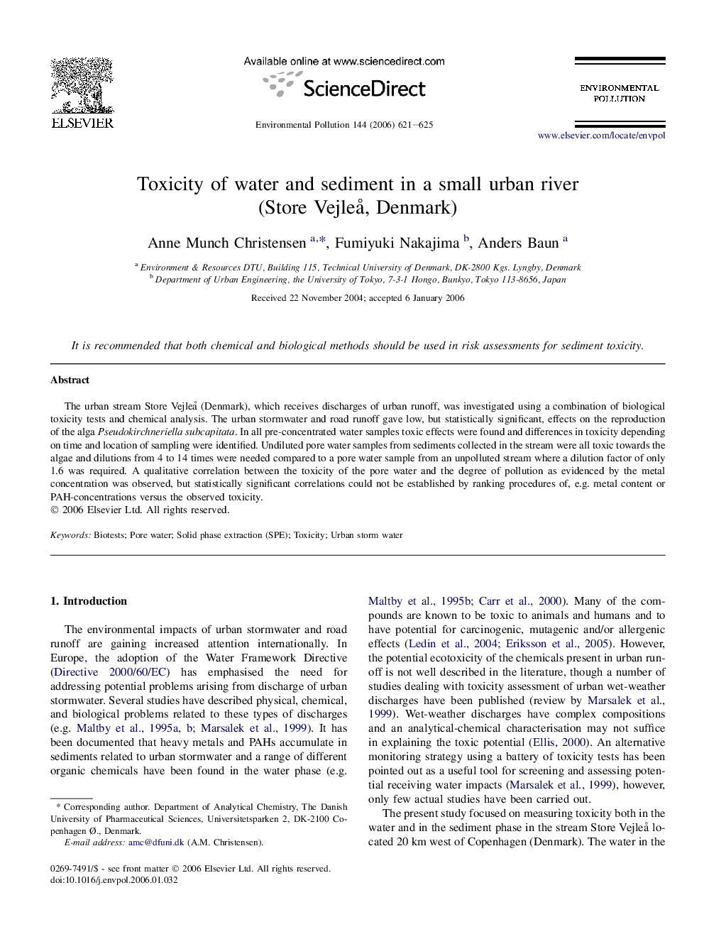 Toxicity of water and sediment in a small urban river (Store Vejleå, Denmark)